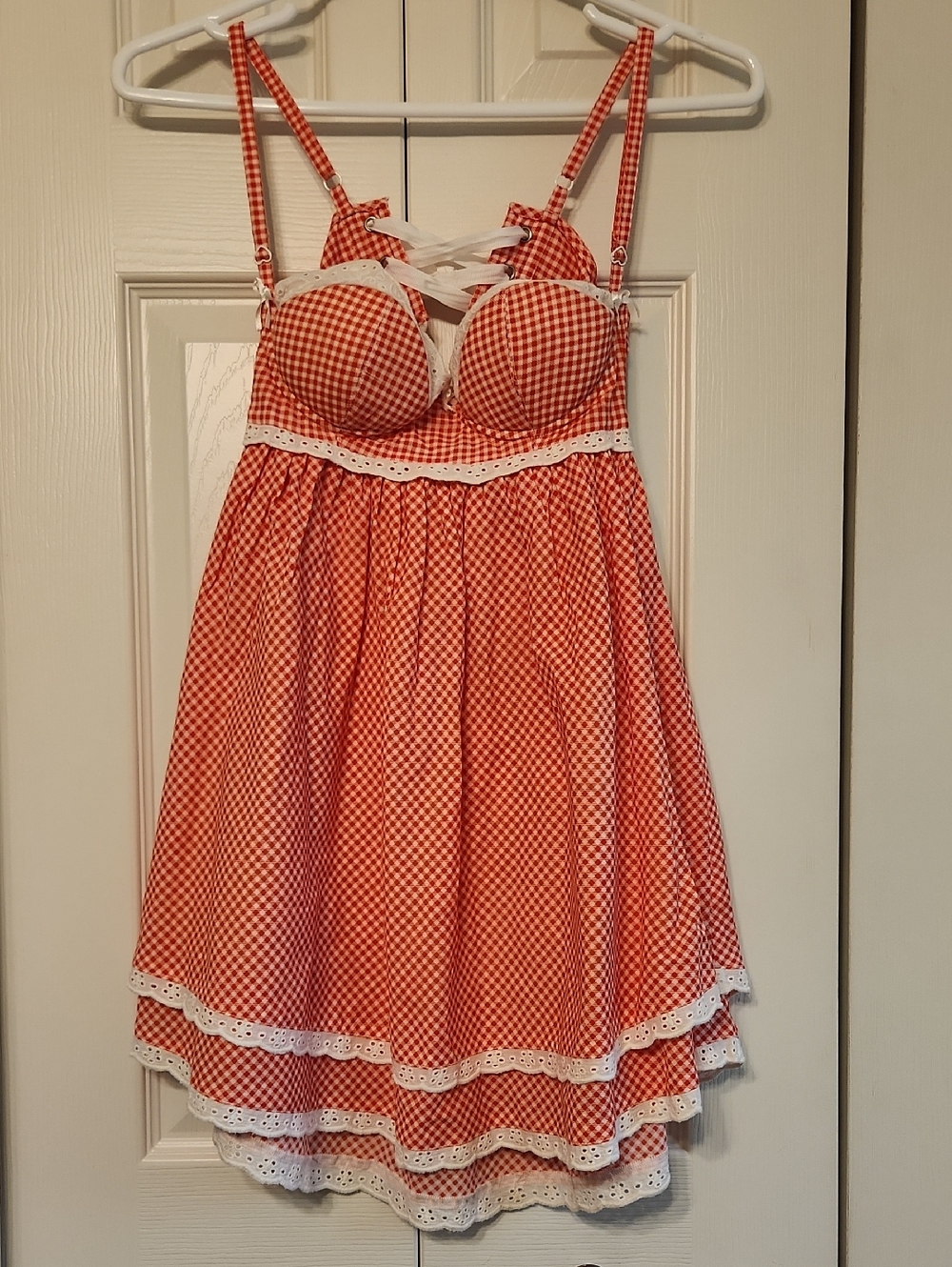 Kitteny Red Gingham Lace Trim  Corset Lelette Sundress NWOT